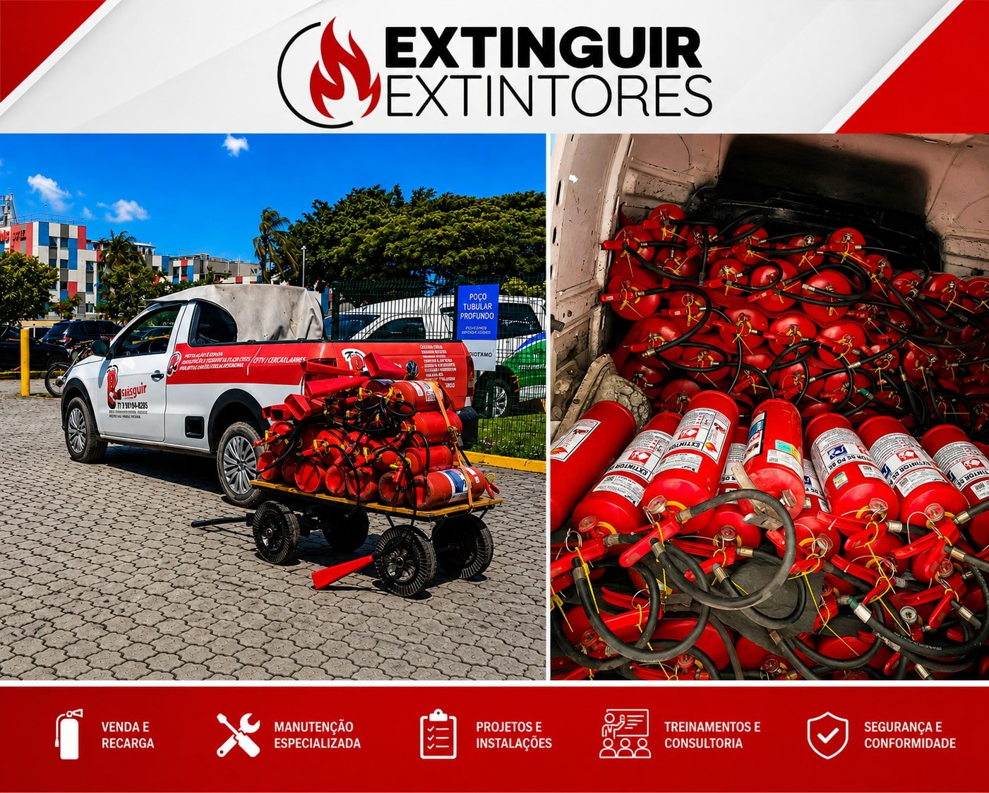 Caminhão de atendimento da Extinguir Extintores carregado com extintores recarregados